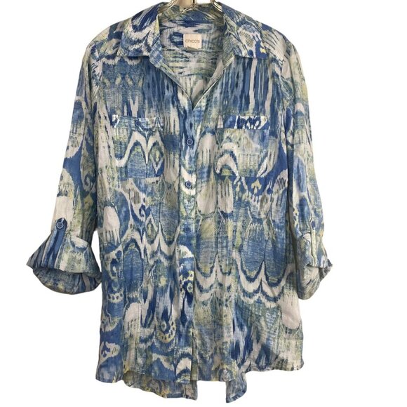 Chico's Blue White Button Down Blouse lightweight Cotton Top Size 0 Small - Picture 4 of 13